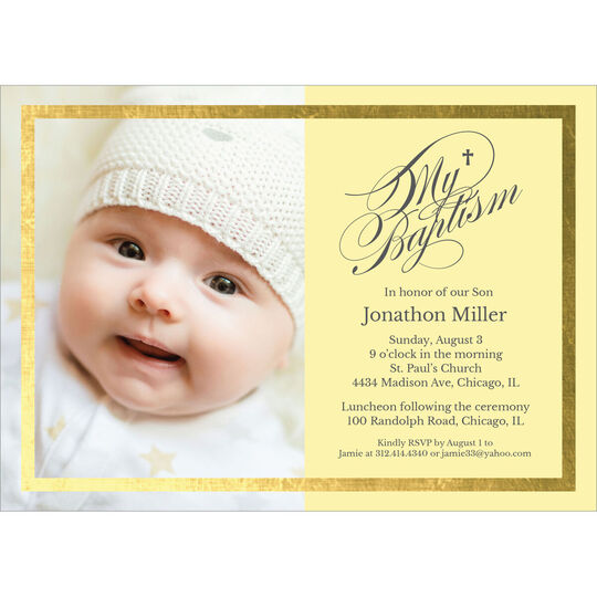 Yellow Gold Foil Frame Photo Baptism Invitations